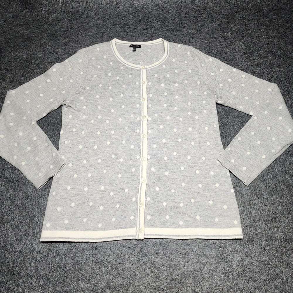 Talbots‎ Grey White Polka Dot Cardigan Sweater Top Cashmere Blend Medium NEW